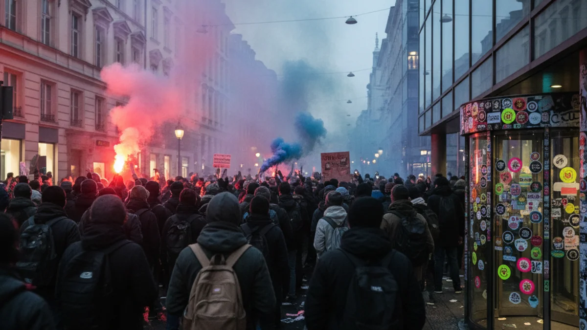 Imagen genérica de una concentración de personas protestando en la calle con humo y pegatinas.