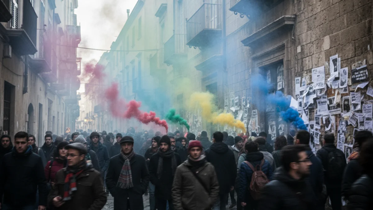 Imagen genérica de una concentración de personas en una protesta urbana con humo de bengalas.