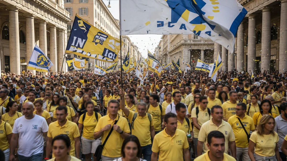 Imagen genérica de una multitud de manifestantes con camisetas amarillas por las calles de Barcelona.