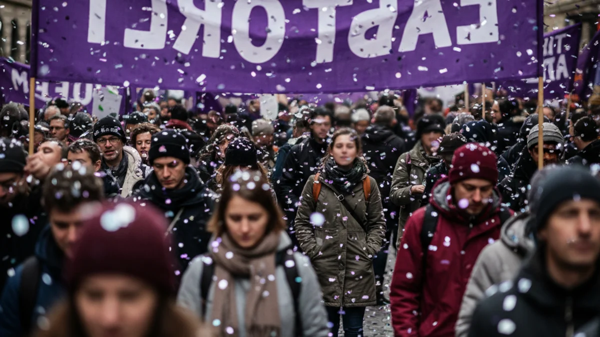 Generic image of a crowd at a demonstration in city streets for International Women's Day.