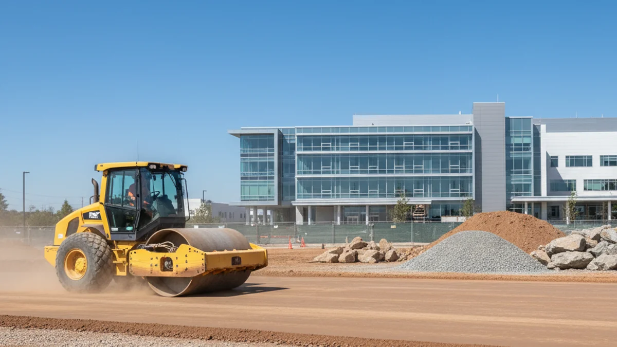 Generic image of a machine compacting a dirt and gravel ground for a parking lot.