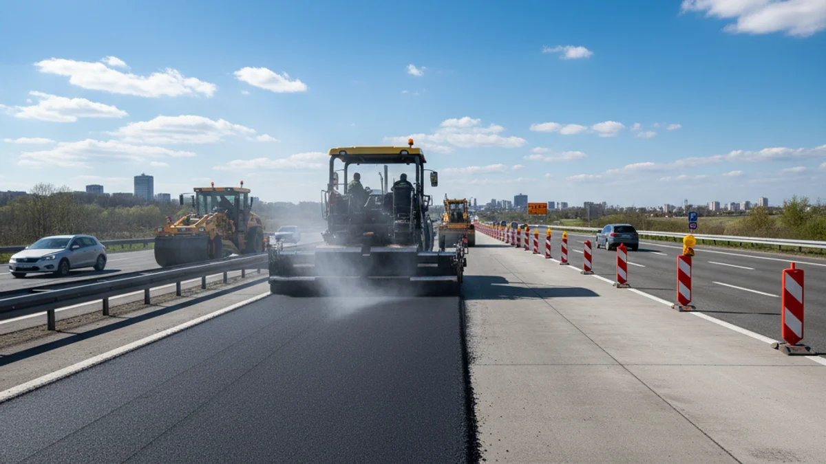 Imagen genérica de unas obras de reasfaltado en una carretera con conos de señalización.