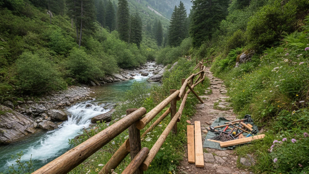 Generic image of a mountain trail with wooden railings and riverside vegetation.