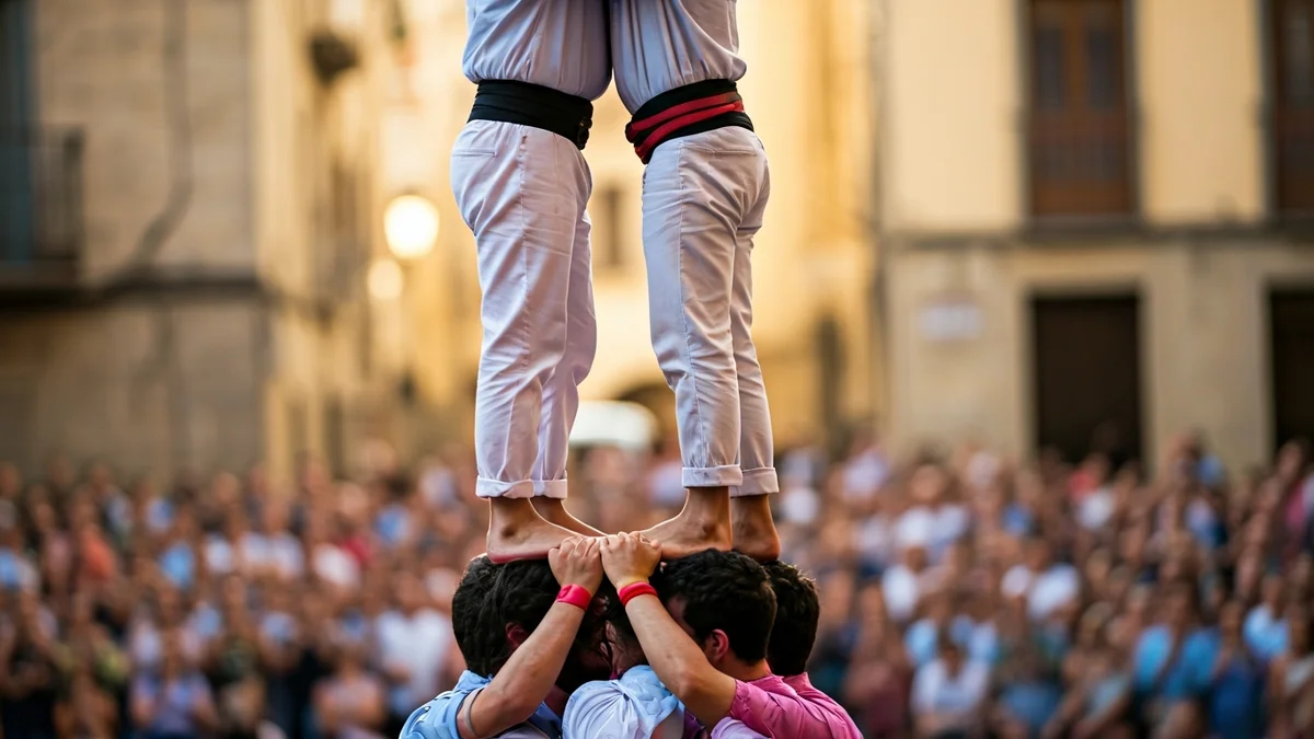 Imatge genèrica d'un castell humà en construcció, amb detalls de mans i peus entrellaçats.