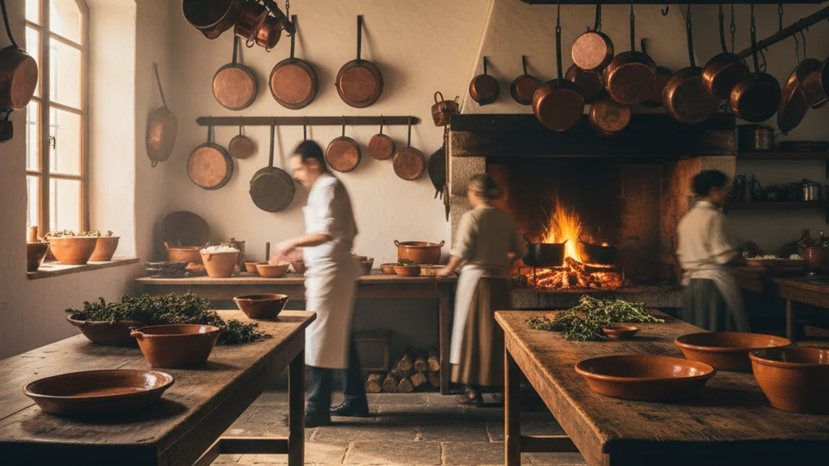 Imagen genérica de una cocina tradicional con utensilios de cobre y un ambiente cálido.