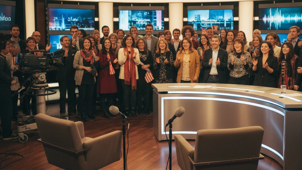 Imatge genèrica d'un plató de televisió amb micròfons i il·luminació professional.