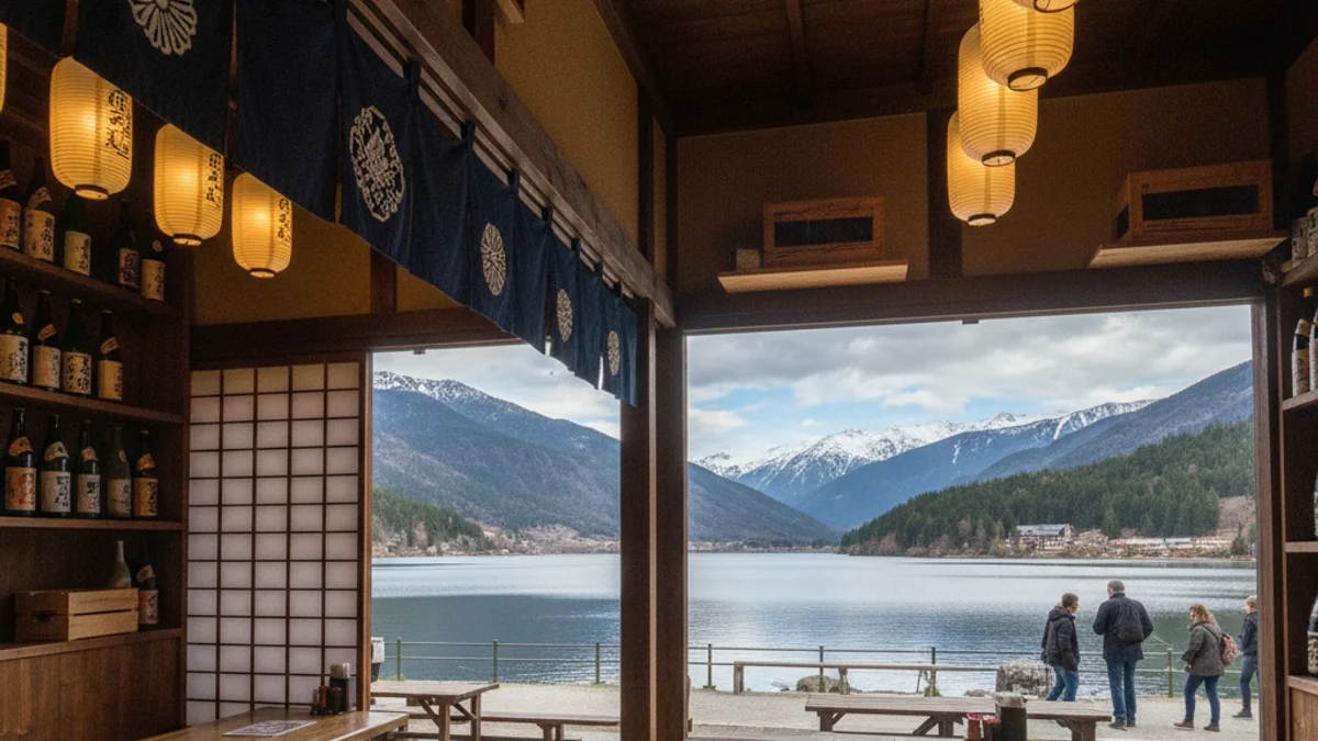 Imagen genérica del interior de un restaurante japonés con vistas a un lago de montaña.