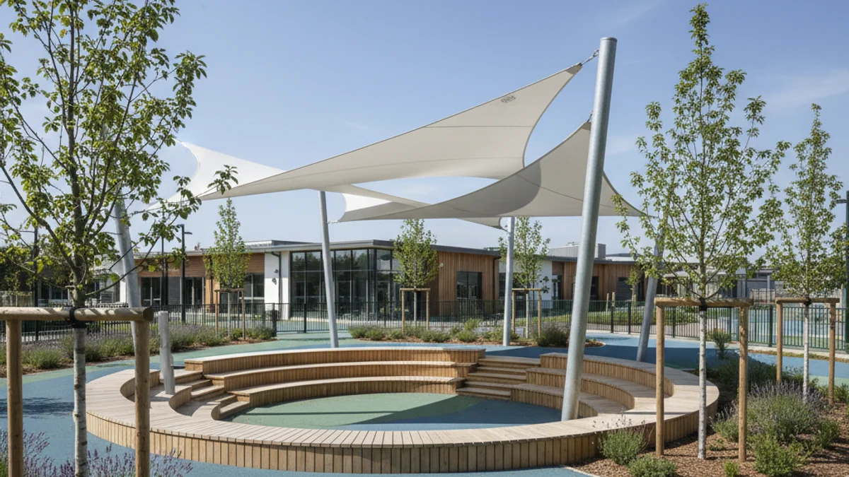 Imatge genèrica d'un pati escolar amb zones d'ombra i estructures de fusta per al lleure.