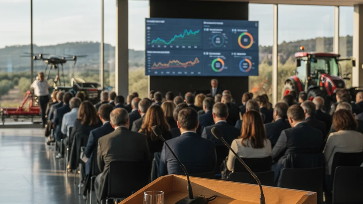 Generic image of an agricultural conference hall with digital screens.