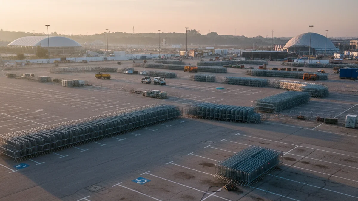 Imagen genérica de un recinto ferial exterior con zonas de aparcamiento y vallas de seguridad preparadas para un evento.
