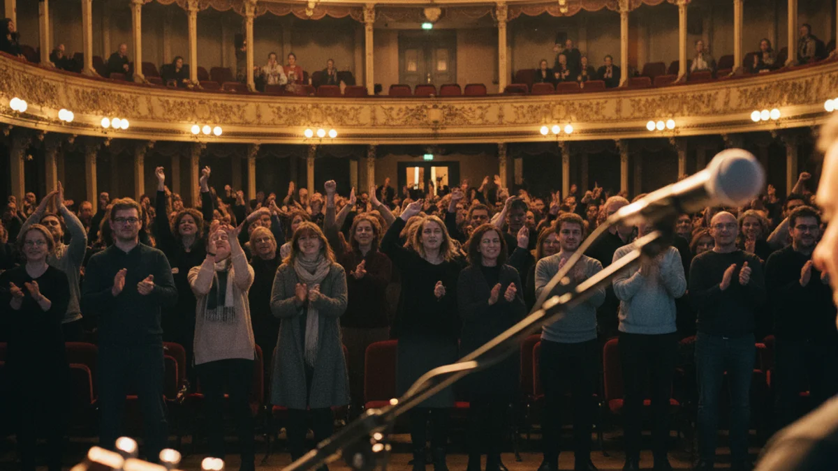 Imatge genèrica d'un escenari teatral amb il·luminació càlida durant un esdeveniment musical.