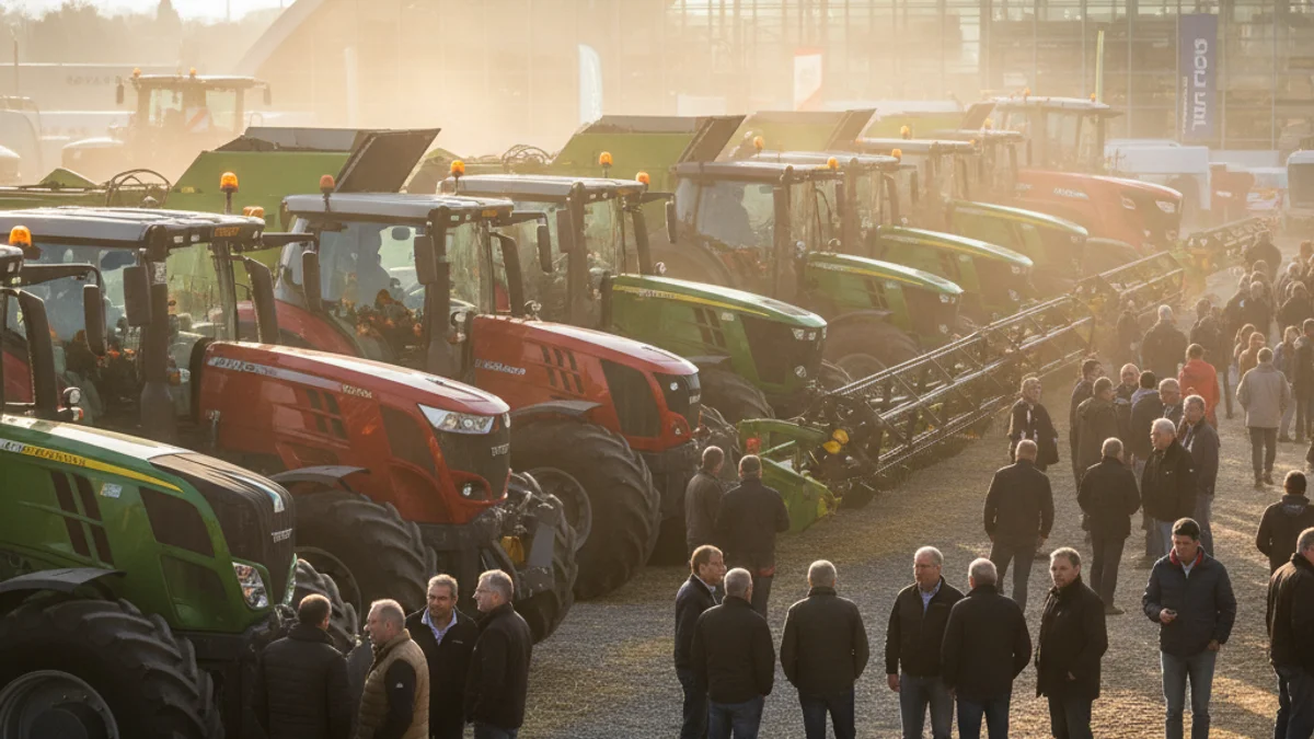 Generic image of an agricultural machinery exhibition at a trade fair ground.
