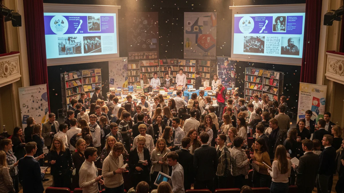 Imagen genérica de una jornada educativa con materiales escolares y libros en un teatro.