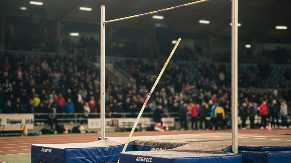 Imatge genèrica d'un llistó de salt de perxa en un pavelló d'atletisme en pista coberta.
