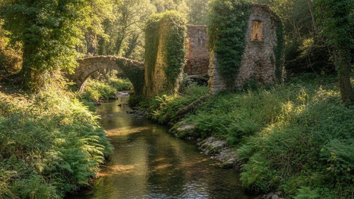 Imatge genèrica d'un riu boscós amb restes d'una construcció antiga de pedra.