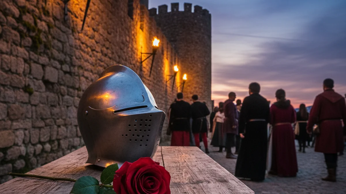 Imagen genérica de una muralla medieval con una rosa roja en primer plano.