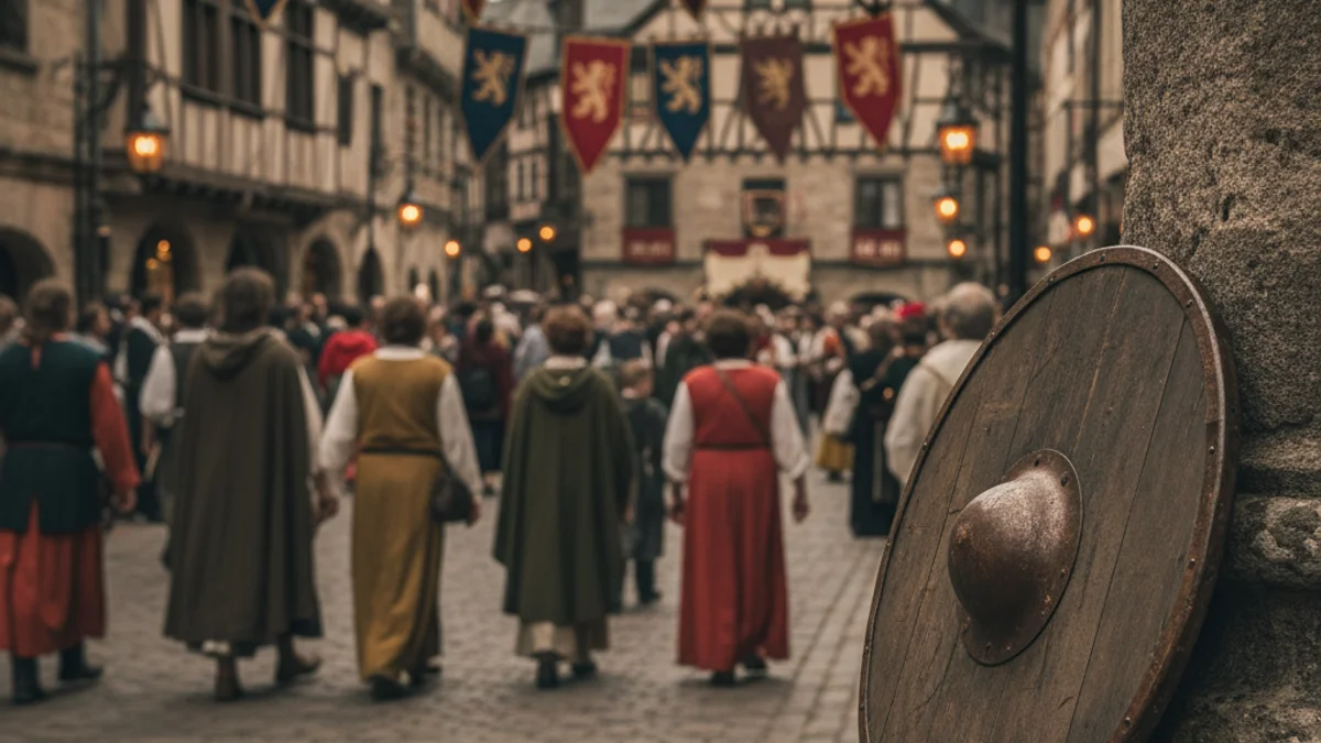Imatge genèrica d'una plaça medieval engalanada per a una festivitat històrica.