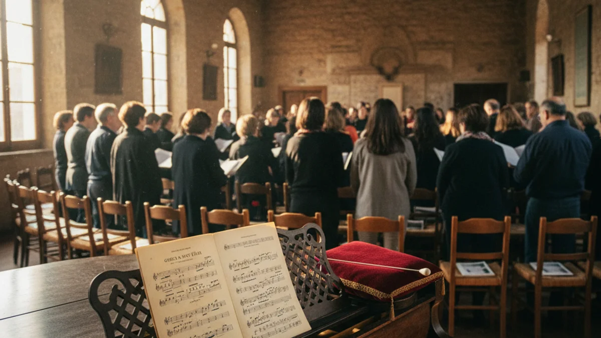 Imagen genérica de una partitura musical y un atril en una sala de canto coral.
