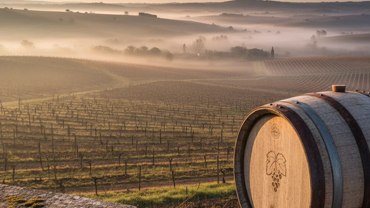 Generic image of vineyards in the Penedès region during sunrise.