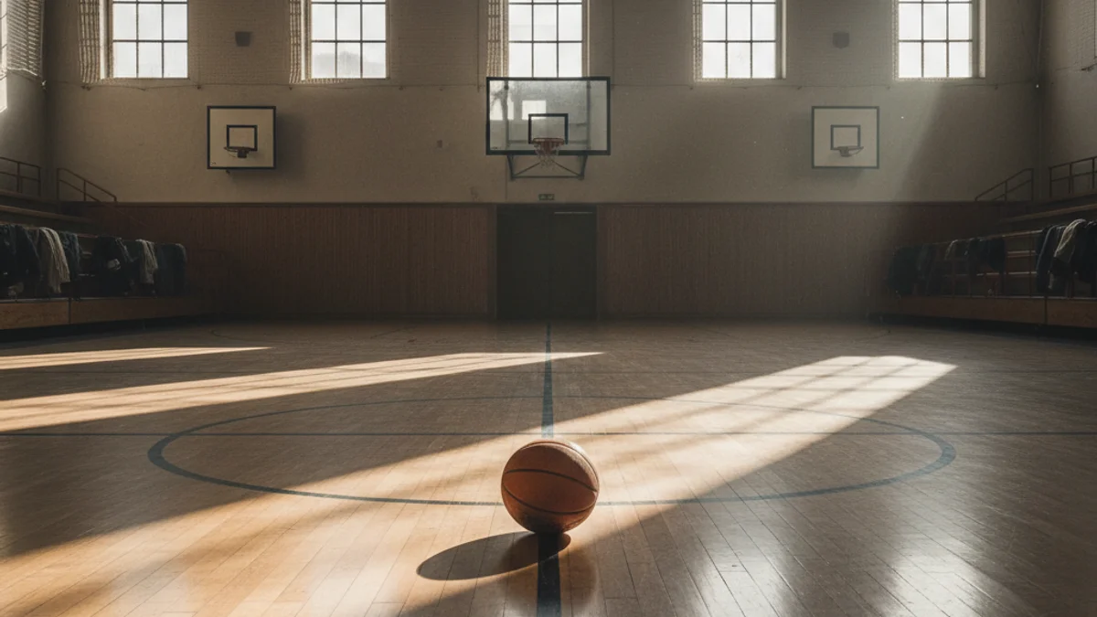Generic image of an empty basketball court with a ball in the center.