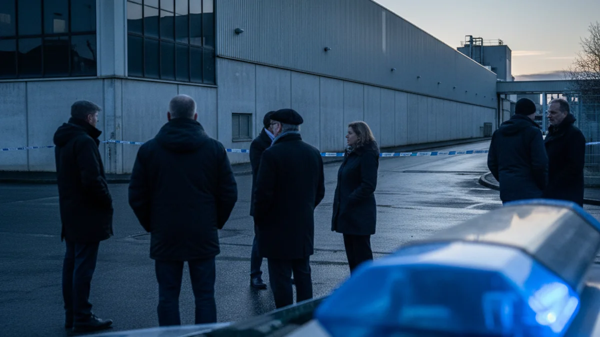 Imagen genérica del exterior de una planta industrial al amanecer con luces de emergencia difuminadas.