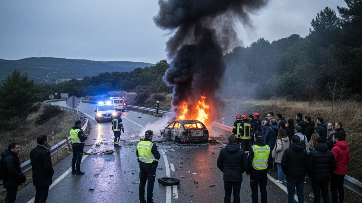 Imatge genèrica d'una columna de fum negre i llums d'emergència en una carretera després d'un accident.