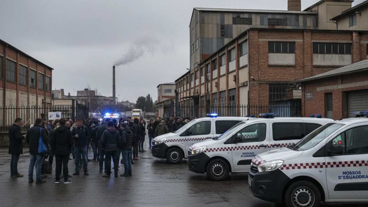 Imagen genérica de un cordón policial y luces de emergencia frente a una nave industrial.