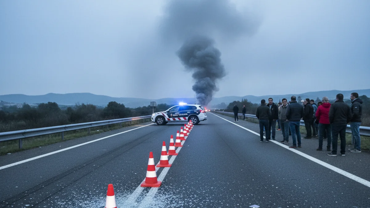 Imatge genèrica d'un tram de carretera amb llums d'emergència blaves i cons de trànsit després d'un accident.