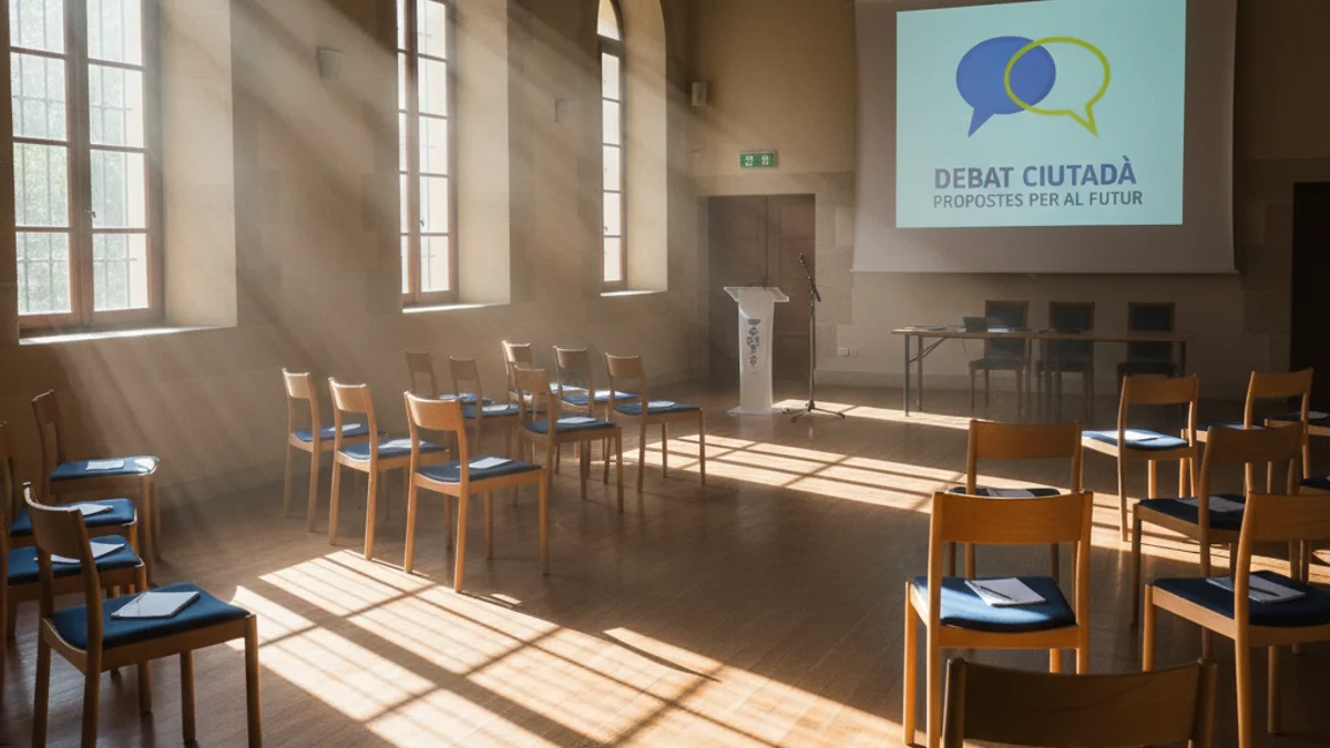 Generic image of an assembly hall prepared for an informative talk.