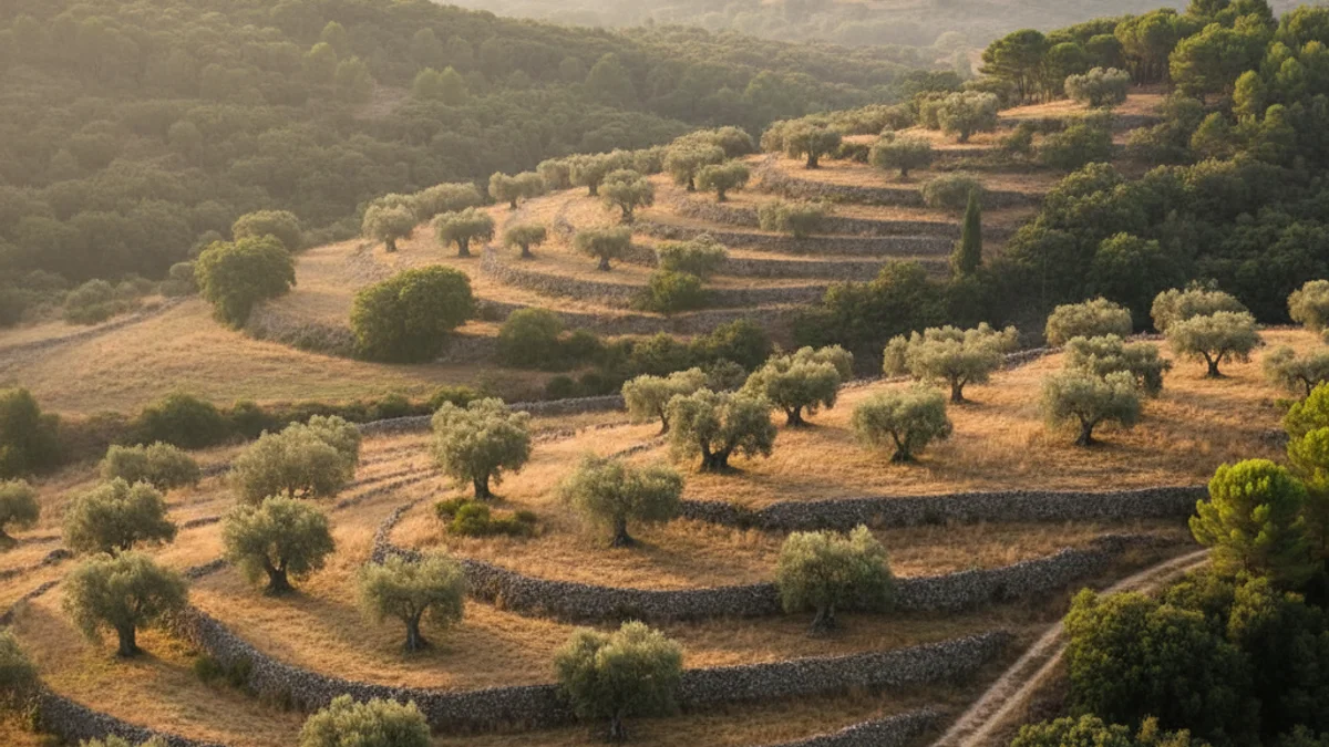 Imatge genèrica d'un paisatge de mosaic agroforestal amb conreus i zones boscoses.