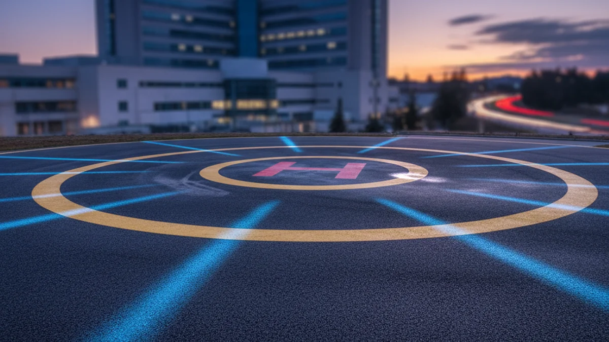 Generic image of an emergency helicopter landing pad near a hospital facility.