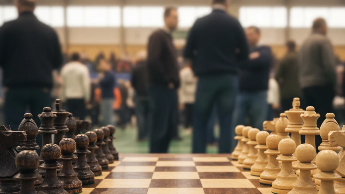 Imatge genèrica d'un tauler d'escacs preparat per a una competició en un pavelló esportiu.