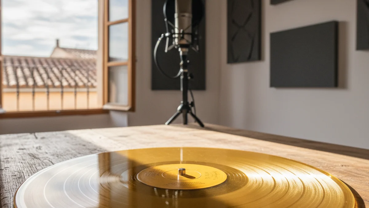 Imatge genèrica d'un disc de vinil de color daurat en un estudi de gravació.