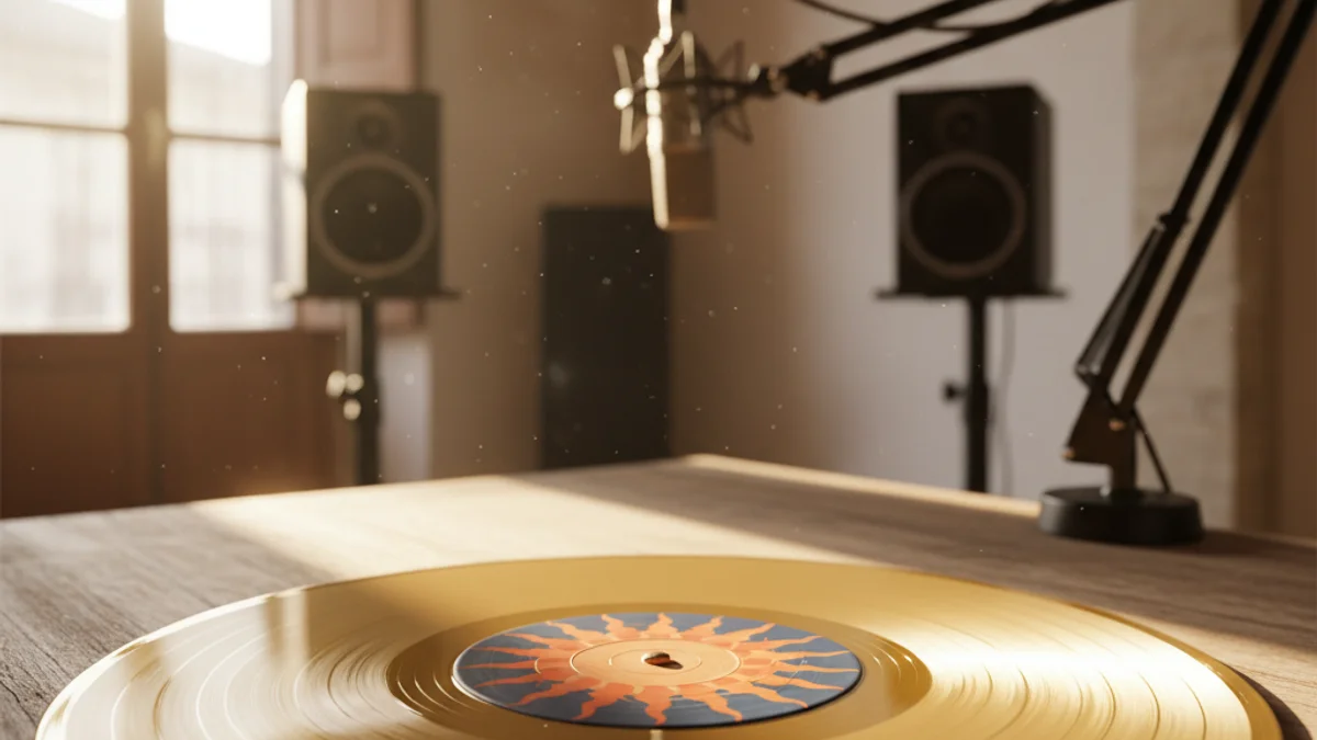 Imatge genèrica d'un disc de vinil daurat en un estudi de gravació musical.