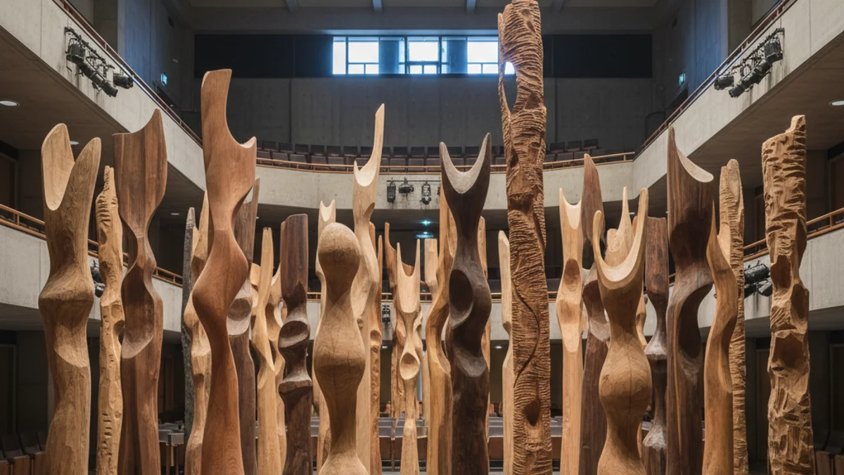 Generic image of large wooden sculptures exhibited in a bright hall.
