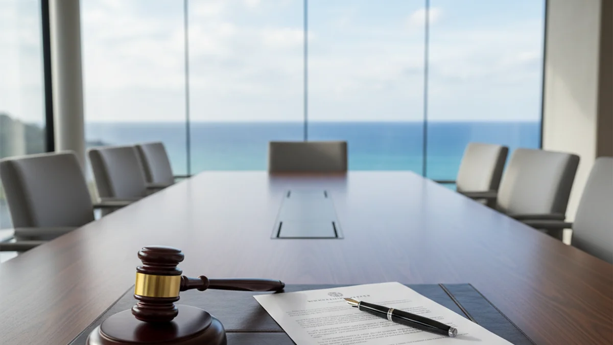 Generic image of a meeting room with a gavel and documents, symbolizing a legal agreement.