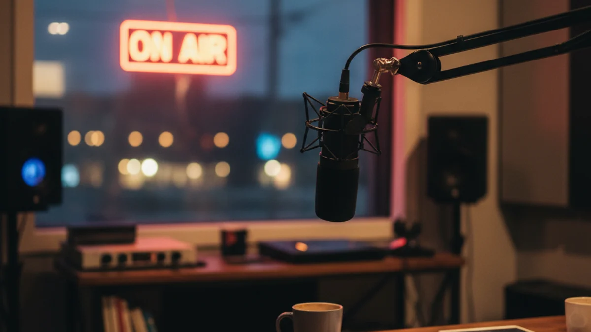 Imatge genèrica d'un micròfon professional en un estudi de ràdio modern.