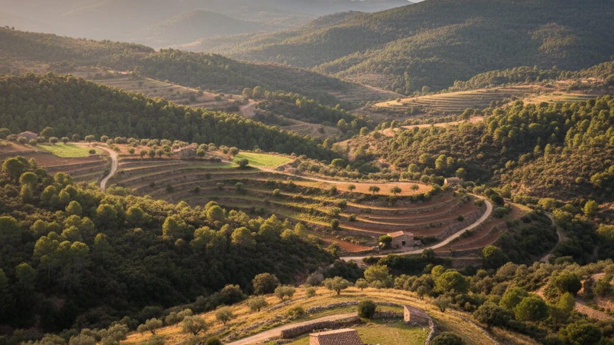 Generic image of the forest and agricultural landscape of the Prades Mountains.