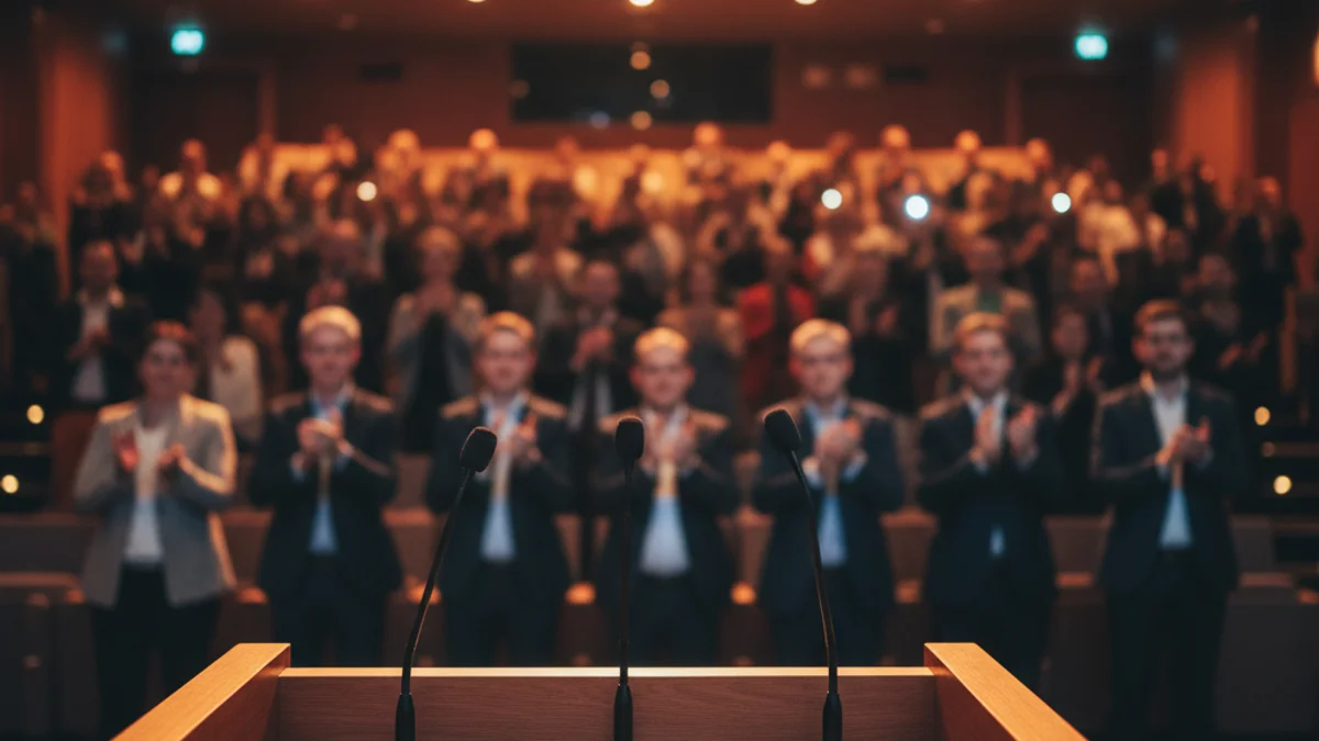 Imatge genèrica d'un acte de presentació política en un teatre amb públic.
