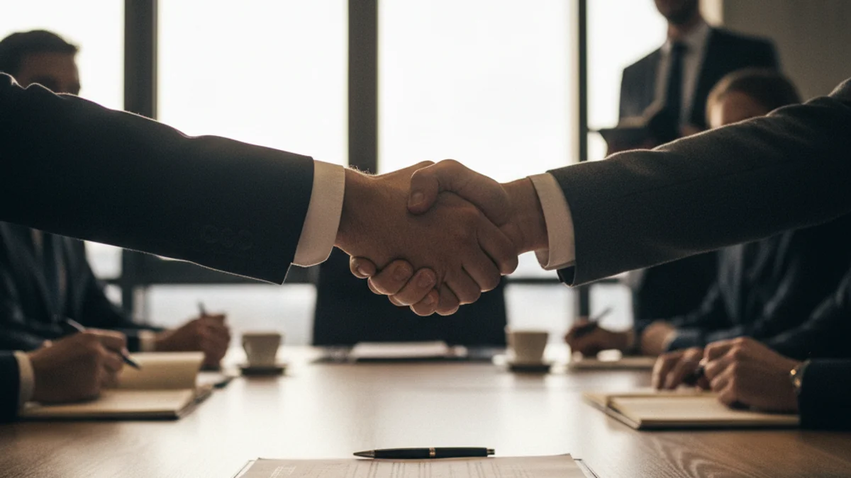 Generic image of a handshake over a document in an office.