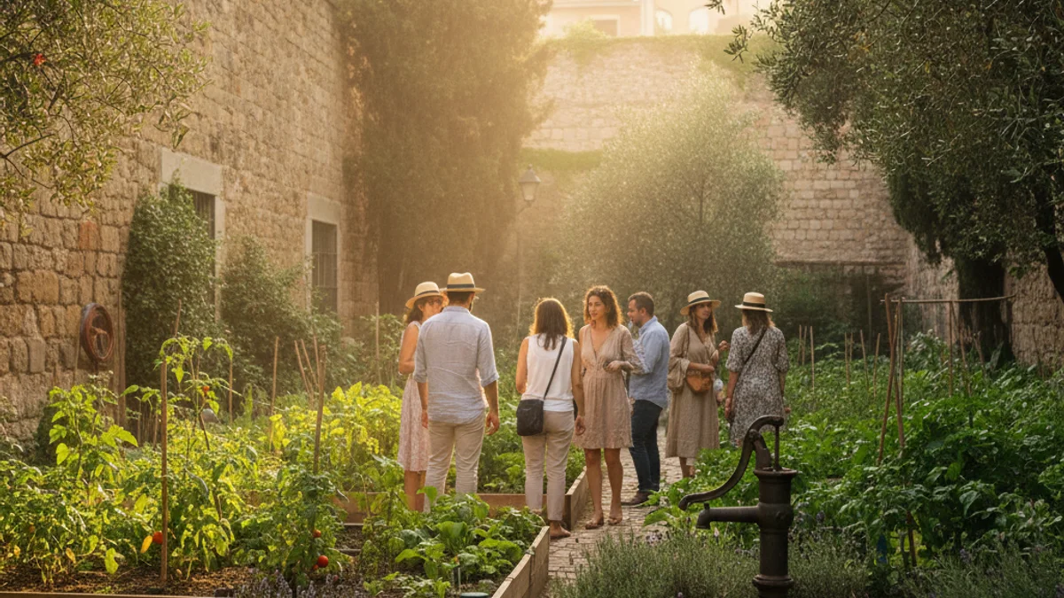 Imatge genèrica d'un espai verd urbà amb vegetació frondosa i murs de pedra antiga.