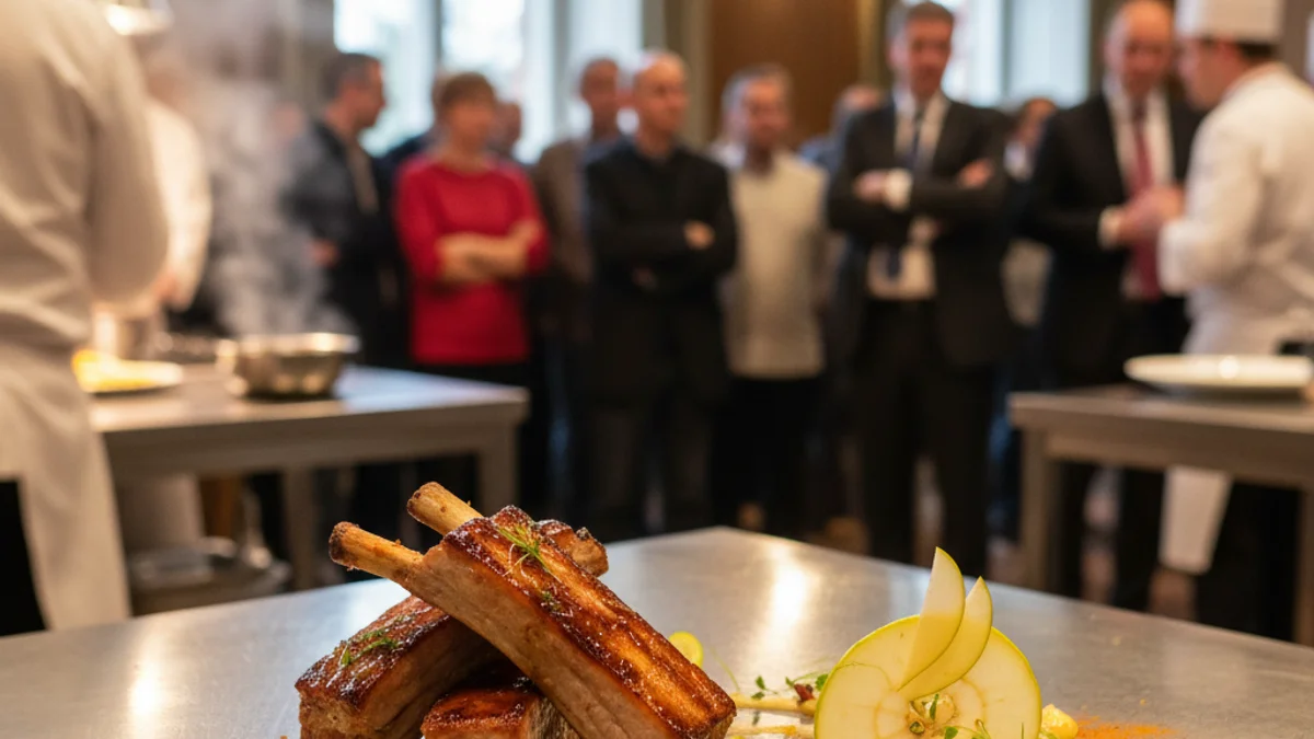 Imagen genérica de un plato de costilla de cerdo gourmet presentado en un concurso de cocina.