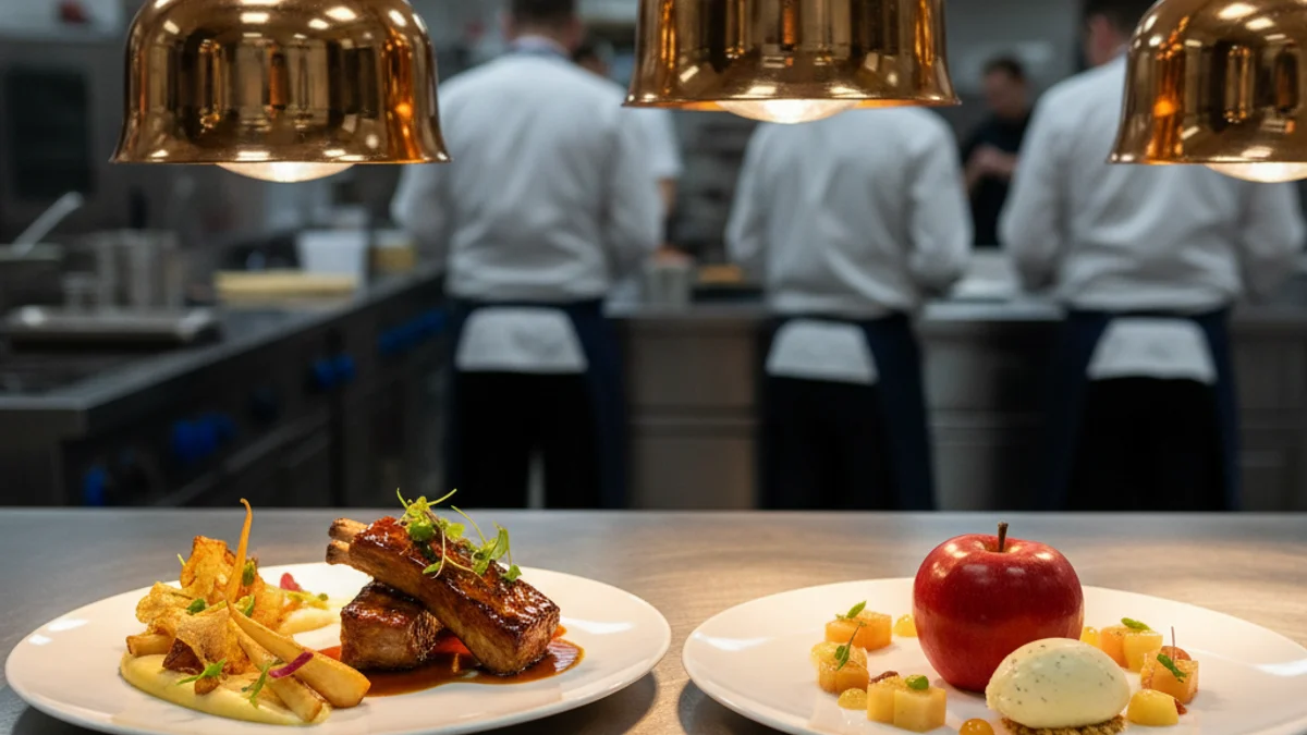 Generic image of a gourmet pork rib dish and an apple dessert in a professional kitchen setting.