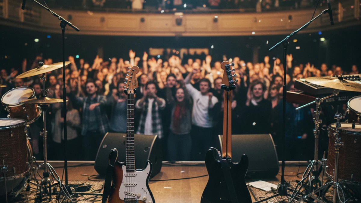 Generic image of a concert hall interior with stage lights and musical instruments.