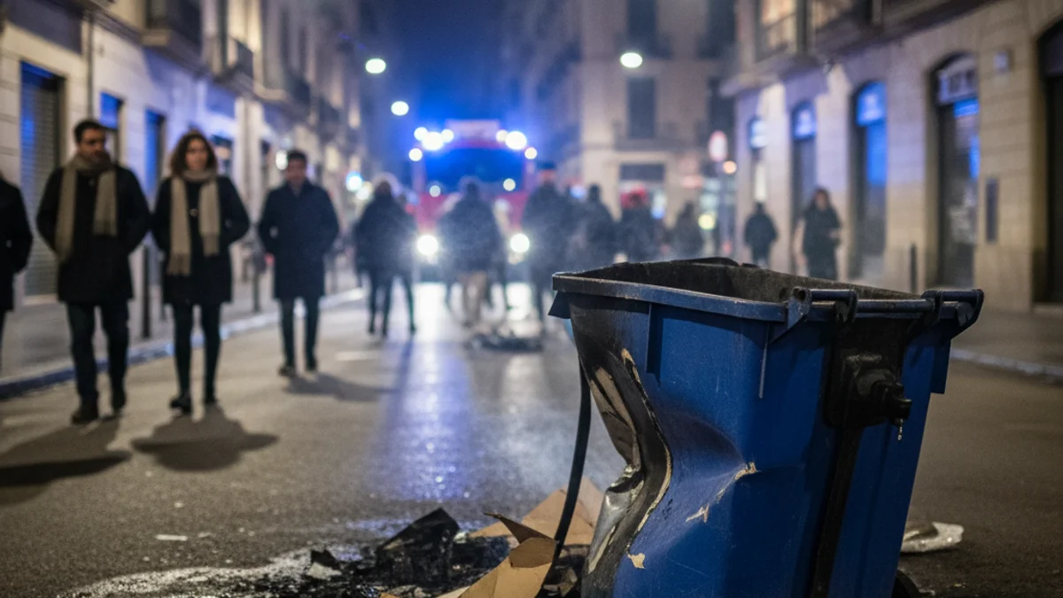 Imatge genèrica d'un contenidor cremat en un carrer durant la nit amb llums d'emergència.
