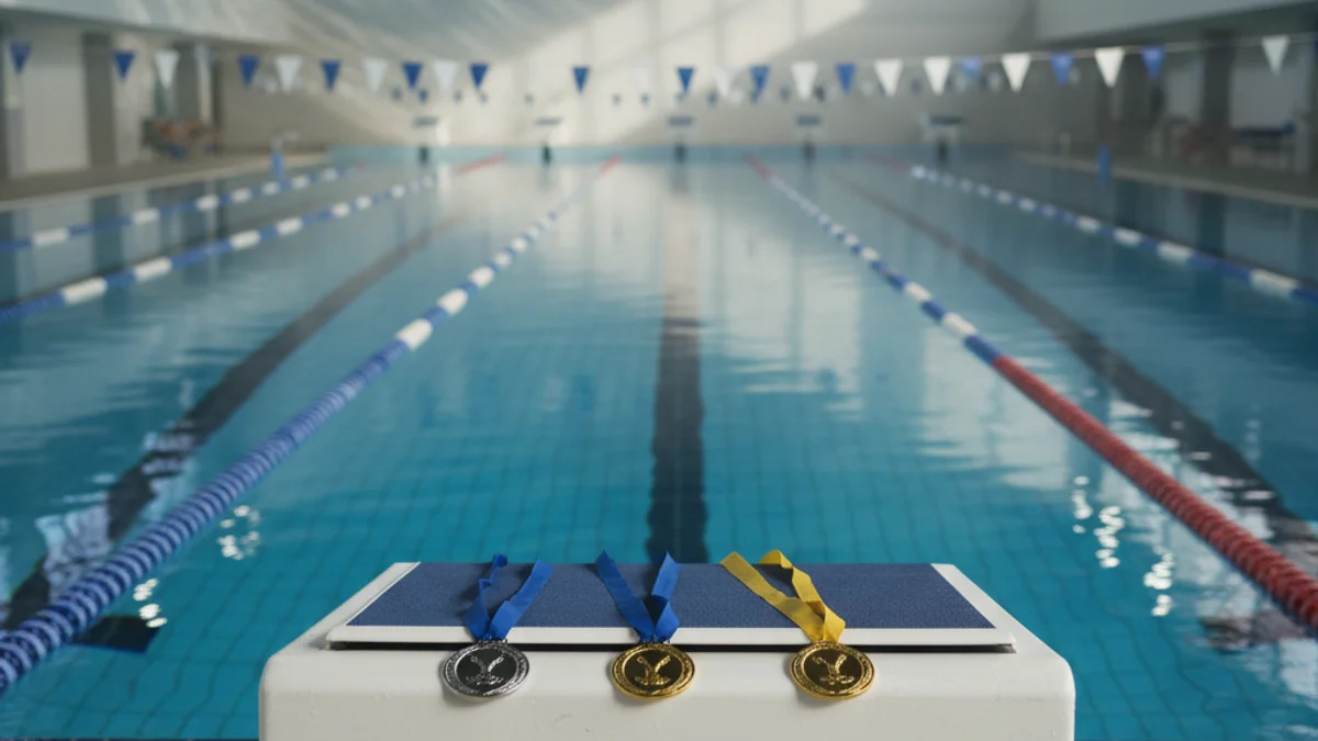 Imatge genèrica de medalles de natació sobre un bloc de sortida en una piscina.