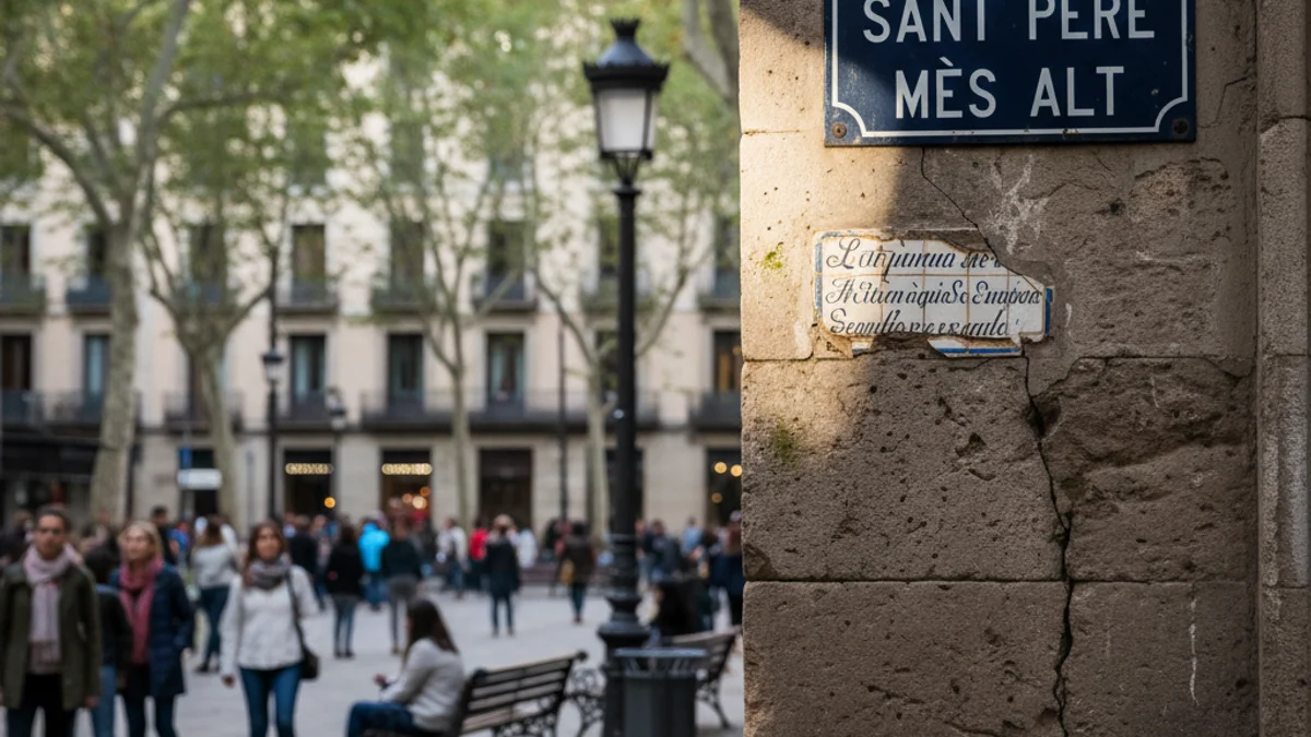 Imatge genèrica d'una placa de carrer en una paret de pedra a Barcelona.