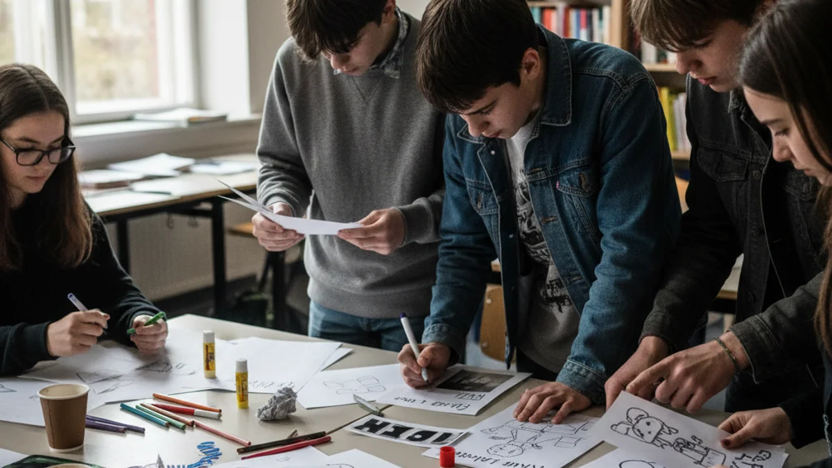 Generic image of young people working on a collective artistic creation in a classroom.