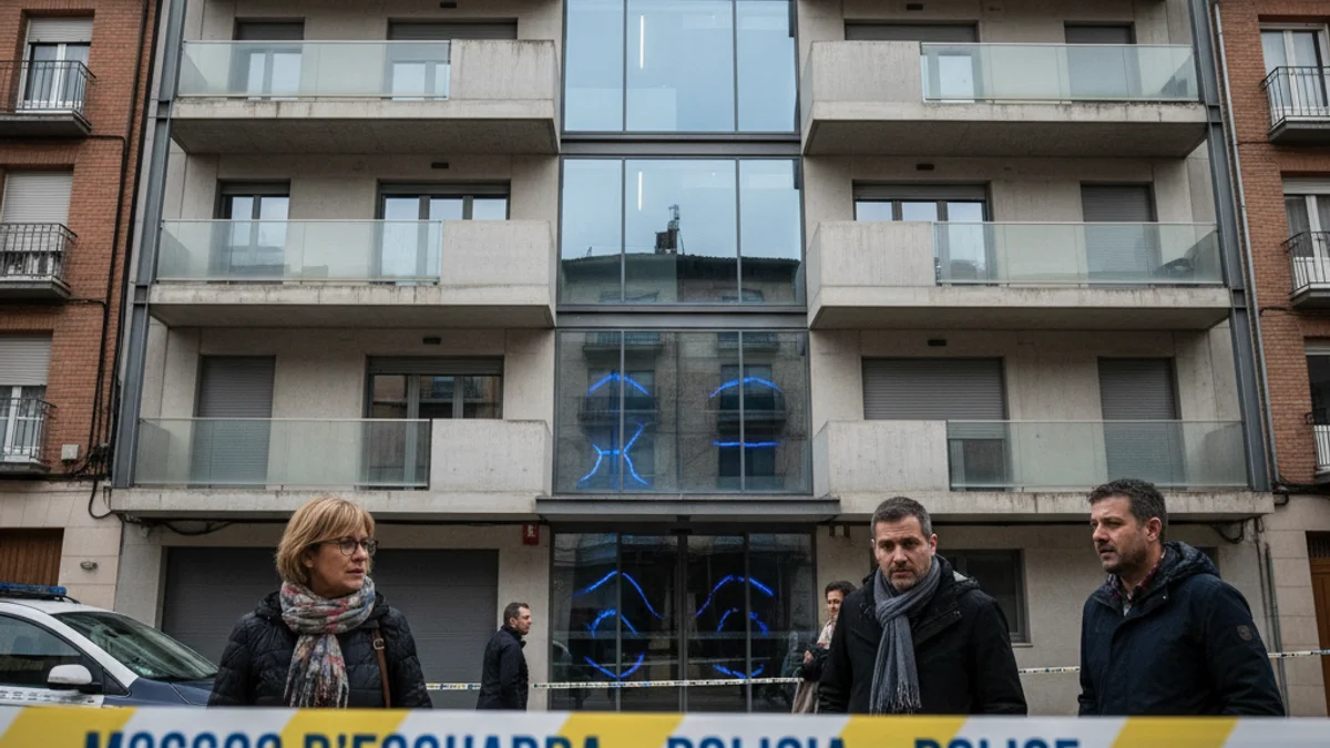 Imatge genèrica d'un bloc de pisos amb la presència de vehicles policials a l'exterior.