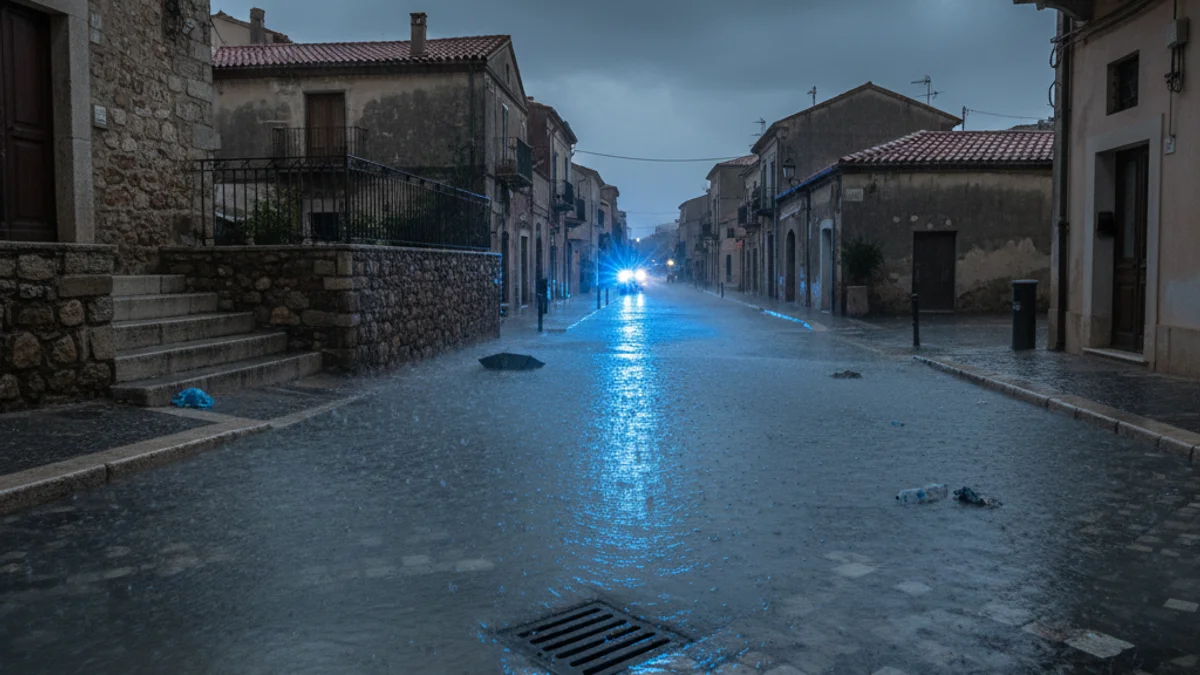 Generic image of a flooded street during a heavy rain episode with emergency light reflections.